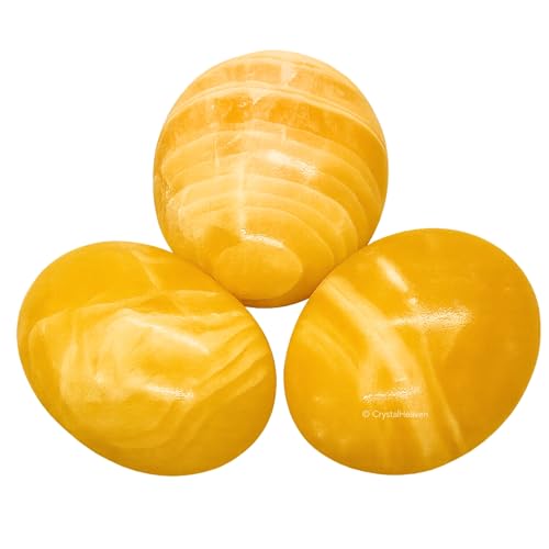 Image of Certified Yellow Calcite Crystal Palm Pebbles Stones for Anxiety Stress Relief Massage - AAA Grade Original Healing Gemstone Agate Palm Stone for Yoga Meditation Spiritual Reiki Feng Shui
