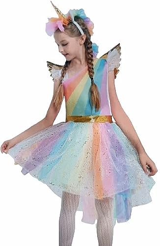 Girls Unicorn Costume Dress, Rainbow Tutu with Wings and Headband, Fancy Dress, 7-8 years