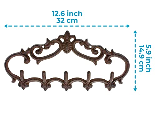 Cast Iron Wall Mounted Hanger – Vintage Design With 5 Hooks - For Keys, Towels, Robes, Clothes And More - Wall Mounted, Metal, Heavy Duty, Rustic, Vintage, Decorative Gift Idea - 12.6X5.9” | Brown #TOP2
