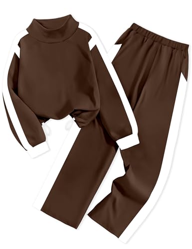 Image of AGAPENG Girls Clothes 2 Piece Outfits Turtleneck Sweatsuit Fleece Colorblock Sweatshirt Wide Leg Sweatpants Fall Winter Sets