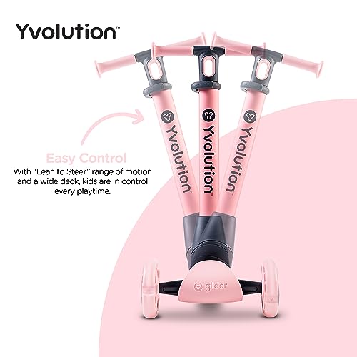 Yvolution Y Glider Nua 3-Wheel Kids Scooter – Adjustable Height, Arc-Folding Handlebar, LED Light-Up Front Wheels, Extra-Wide Deck, Ages 3-10, Pink - Thumbnail 2