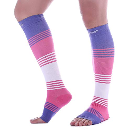 Doc Miller Open Toe Compression Socks Women And Men 20-30Mmhg, Toeless Compression Socks Women, Support Shin Splints, Calf Recovery, Varicose Veins, 1 Pair Medium Pink Violet White #TOP7