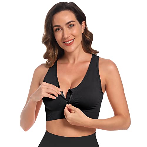 Fapreit Women's Zip Front Closure Sports Bra - Seamless Wirefree Post Surgery Padded Racerback Workout Gym Yoga Bras 2 Pack (Black, Grey) #TOP2