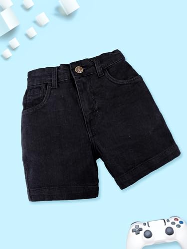 Image of KiddoPanti Boys Knee-Length Denim Shorts | Stretchable Cotton Poly Denim | Comfortable Fit with Button Elasticated Waistband & Zip Fly