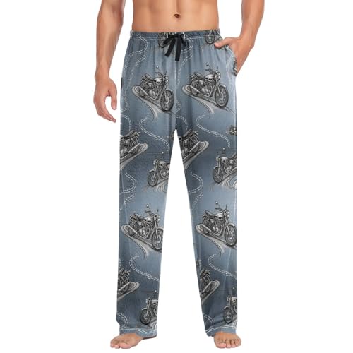 Mens Pajama Pants Motorcycle Pattern on Blue Soft Lounge Sleep Pant with Pockets Sleepwear PJ Bottoms for Men