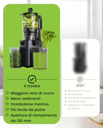 Slow Juicer, spremiagrumi da 130 mm e contenitore da 1,8 l, spremiagrumi a freddo per frutta e verdura intera, facile da installare e pulire, senza BPA - immagine 4