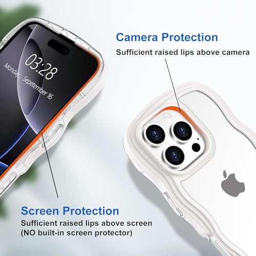 Image of GoldKart iPhone 16 Pro Case Wavy Edge Clear Back Design, Anti-Slip Grip Cute Wave Curly Frame Shape Shockproof Soft TPU & Hard PC Bumper Protective Phone Case Cover for Women Girls - White