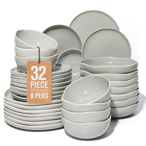 Image of 32 Piece Dinnerware Set for 8 with Pasta Bowls, Gray Green Reactive Glaze Stoneware | All‑in‑One Host Set for Entertaining, Holiday Meals, Multi‑Course Dish Set | Unique Irregular Look
