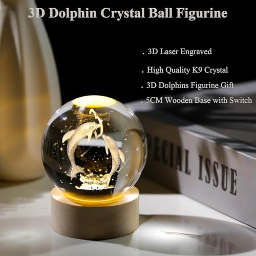 Image of UCRAVO LED Cristal Ball Lamp | LED Dolphin 3D Crystal Ball Night Light | Glass Ball Illuminated with Wooden Base | USB Charging Lamp for Bedroom | Home Decor & Gift with Soft Ambient Lighting