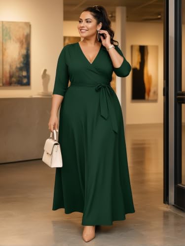 Image of SUZONANA Plus Size Maxi Dresses for Curcy Women Casual Loose 3 /4 Sleeve Long Dress with Belt