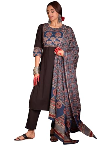 Image of INDO ERA Women's Straight Pure Cotton Floral Self Design Kurta & Pant With Dupatta Set | Kurta Sets For Woman