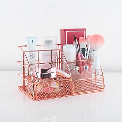 Rose Gold Desk Organiser with Drawer, Multi-Use Metal Desktop Organizer, Office Organiser for Office Desk (Include 72pcs Metal Clips)