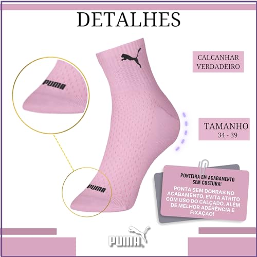 Kit 05 Pares de Meia Puma Cano Médio Algodão Colorida Feminina | 34-39 | 3 Rosa - 1 Azul - 1 Cinza