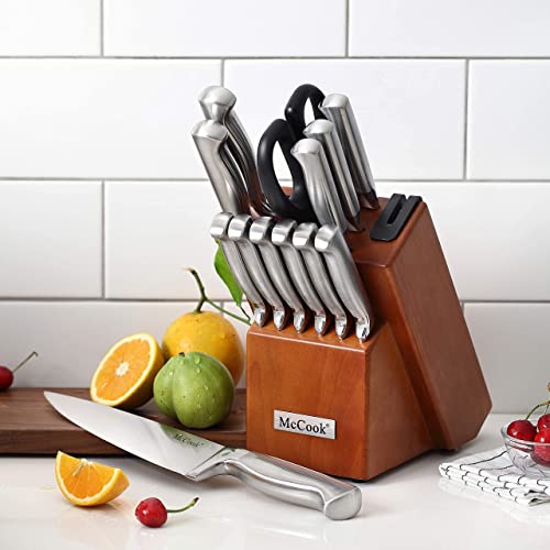 Mccook Mc29 German Stainless Steel Knife Block Sets With Built-In Sharpener + Mcw12 Bamboo Cutting Board (Large, 17”X12”X1”) #TOP6
