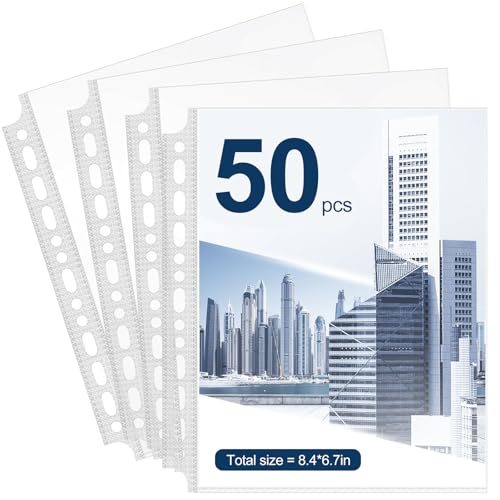 Ferizzia 50 Protectores de Hojas A5, Fundas para Tarjetas Fotográficas, Fundas Transparentes, Carpeta Anillas A5 para Postales, Tarjetas, Facturas, Fotos, Pegatinas