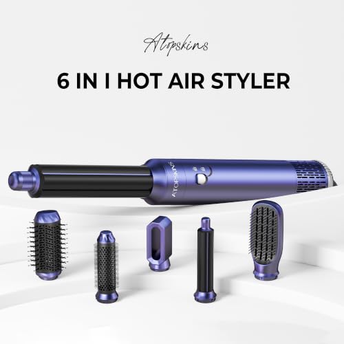 Image of Atopskins 6 in 1 Hair Dryer Brush Hot Air Styler Detachable for Travel, Blow Dryer 3 Heat Settings to Straighten, Auto Curl, Volumize Home Salon Results Frizz-Free Shine All Hair Types - Blue