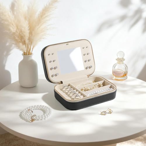 Image of Genuine Leather Travel Jewelry Organizer Case with Mirror for Women, Small Mini Portable Jewelry Box for Ring Earrings Necklace Bracelet Luxury Gift for Women(Black)