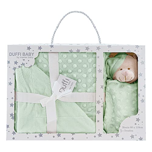 Duffi Baby - Manta y Dou Dou Bebe Recien Nacido para Cuna Cama minicuna. Manta Burbuja + Peluche atrapasueños Infantil Suave. Tamaño 80x110 cm y 24x24 cm. Verde Agua