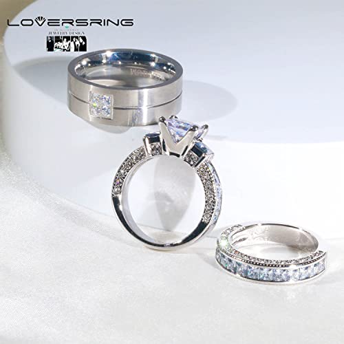 LOVERSRING Couple Ring Bridal Set His Hers White Gold Plated CZ Stainless Steel Wedding Ring Band Set 5