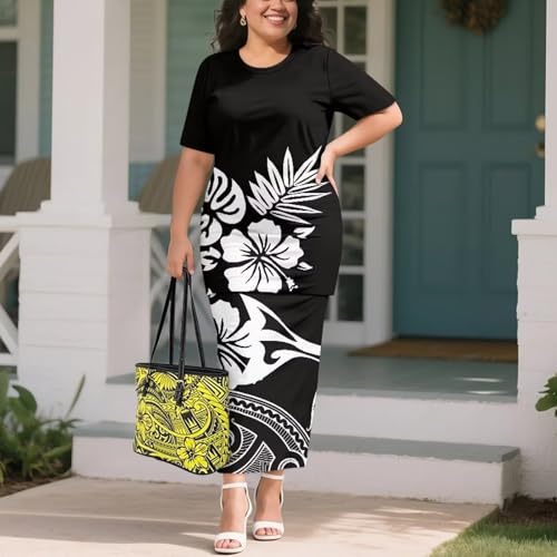 Image of Puletasi Samoan Traditional 2 Piece Outfits for Women Short Sleeve Crop Top and Maxi Skirt Sets Puletasi Dress