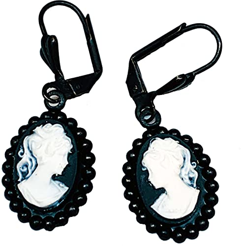 Black and White Lady Cameo Earrings with Lever-back Closures