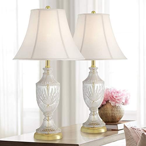 Regency Hill Traditional Glam Luxury Table Lamps 26.5" High Set of 2 Clear Glass Urn Brass Gold Metal White Cream Bell Shade Decor for Living Room Bedroom House Bedside Nightstand Home