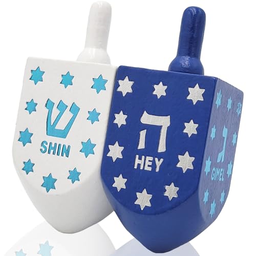 The Dreidel Company Extra Large Hand Painted Wood Hanukkah Dreidels 2-Pack Blue & White Star Design