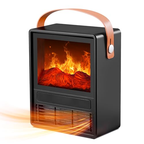 Portable Electric Fireplace Heater - Mini Fireplace Space Heater for Indoor Use with Realistic 3D Flame, Overheat & Tip Protection Small Room Space Heater Fireplace for Bedroom, Office, Black