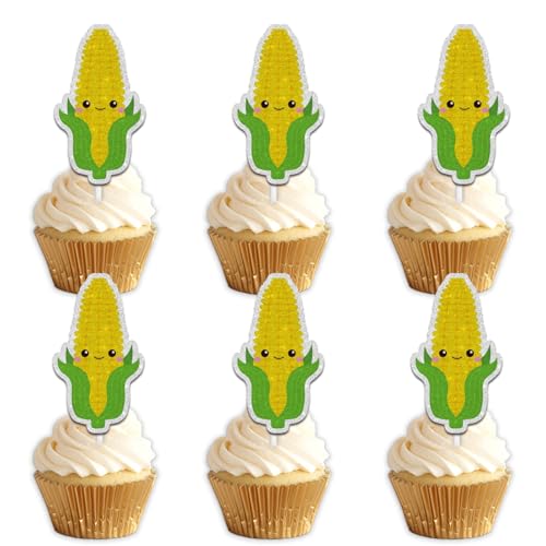 18pcs Yellow Glitter Cute Corn Dessert Cupcake Topper Funny Vegetable Theme Decor Supplies Baby Shower Boys Girls Happy Birthday Party Decorations