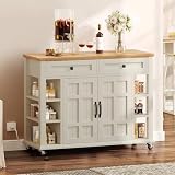 DWVO Kitchen Island with Storage Cabinet, Farmhouse Rolling Island Table on Wheels, Americana Mobile Storage Islands with Open Shelves, Drawers for Living Room, Dining Room, Off White