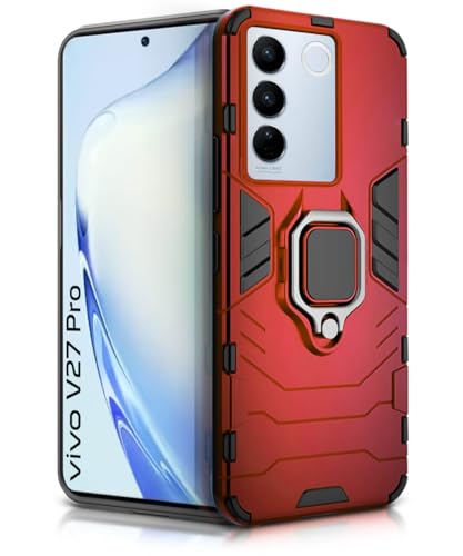 Image of WOW IMAGINE Shock Proof Back Case Mobile Cover for Vivo V27 | V27 Pro 5G (Tough Armor | Hybrid PC + TPU | Full Protection with Ring Holder & in-Built Kickstand | Red)