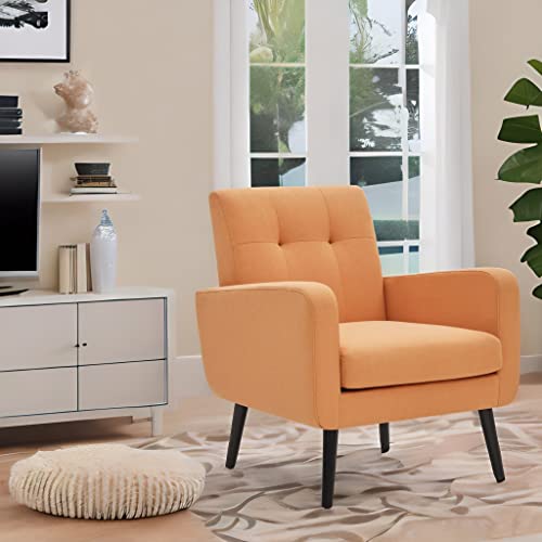 Huimo Accent Chair, Button Tufted Upholstered Arm Chair, Linen Fabric Sofa Chairs, Leisure Living Room Chair, Comfy Mid-Century Modern Leisure Accent Room Chair For Bedroom, Single Sofa Chair (Orange) #TOP5
