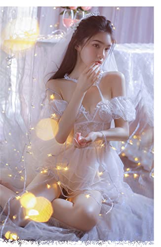 Maiitmor ウェディングドレス コスプレ セクシー メイド服 仮装 可愛い カチューシャ レース ストッキング かわいい プレゼント 演出 衣装 結婚式 ドレス 綺麗なベビードール レース ベール リボン 飾り Tバック 5点セット