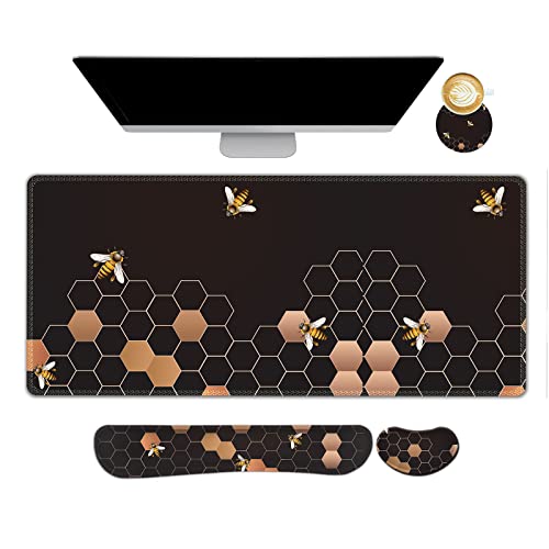 ARTSO Large Gaming Mouse Pad, Keyboard Wrist Rest Pad & Wrist Support Mousepad Set, Stitched Edge, Extended, Non-Slip Base, Memory Foam Desk Mat 4pcs for Office & Home, Honeycomb