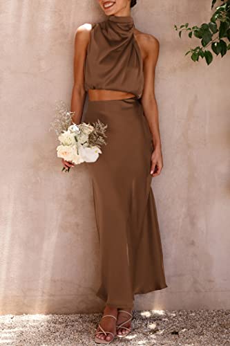 Prettygarden Women's 2 Piece Satin Outfits Summer Sleeveless Mock Neck Crop Tops And Long Skirt Dress Sets (Khaki,Medium) #TOP6