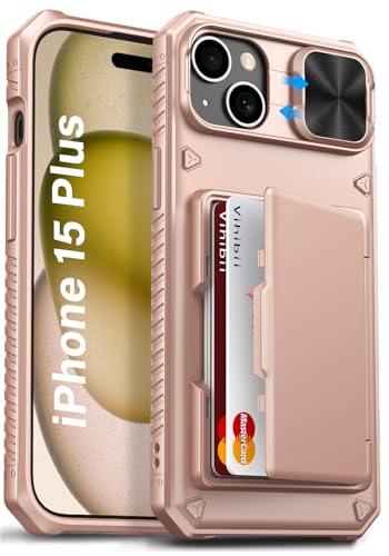 Image of Vihibii for iPhone 15 Plus, iPhone 14 Plus Wallet Back Cover with Card Holder (4 Cards) [RFID Blocking] & Slide Camera Cover & Raised Edges Screen Protection, Shockproof Rugged Case, 6.7 inch, Rose Gold