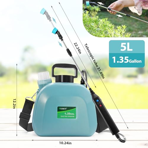 Battery Powered Sprayer 1.35 Gallon, 2025 New Electric Garden Sprayer with 3 Adjustable Speeds, Battery Indicator, 3 Mist Nozzles, Rechargeable Handle with 23.6\" Retractable Wand & Shoulder Strap