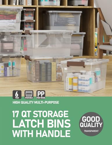 Image of WYT 6 Pack 17qt Clear Plastic Storage Bin with Lid and Latching Buckles, Stackable Tote Organizing Box with Handle