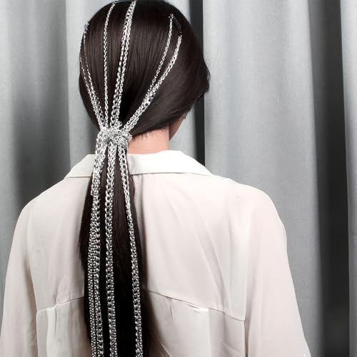 Ouliget Rhinestone Tassel Hair Chain Clip, Pinza para el cabello de metal plateado punk, cadena de cabello de varias hebras para fiestas, pack de 2 piezas miniatura 4