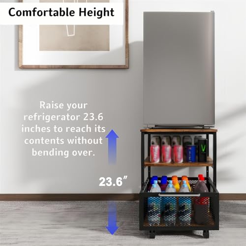 Fridge Stand with Storage, Mobile Fridge Table, Lockable Wheels Basket, Portable Refrigerator Trolley Cart for Home, Kitchen, and Office - Image 3
