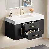 DWVO 40 Inch Black Floating Bathroom Vanity, Wall Mounted Bathroom Vanity with White Quartz Stone Countertop and Ceramic Basin Sink Bathroom Cabinet with 2 Drawers & 2 Storage Cabinets
