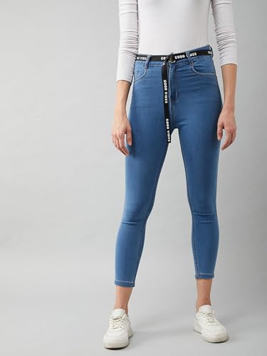Image of Miss Chase Women's Skinny High Rise Cropped Fringed Hemline Detailing Stretchable Denim Jeans