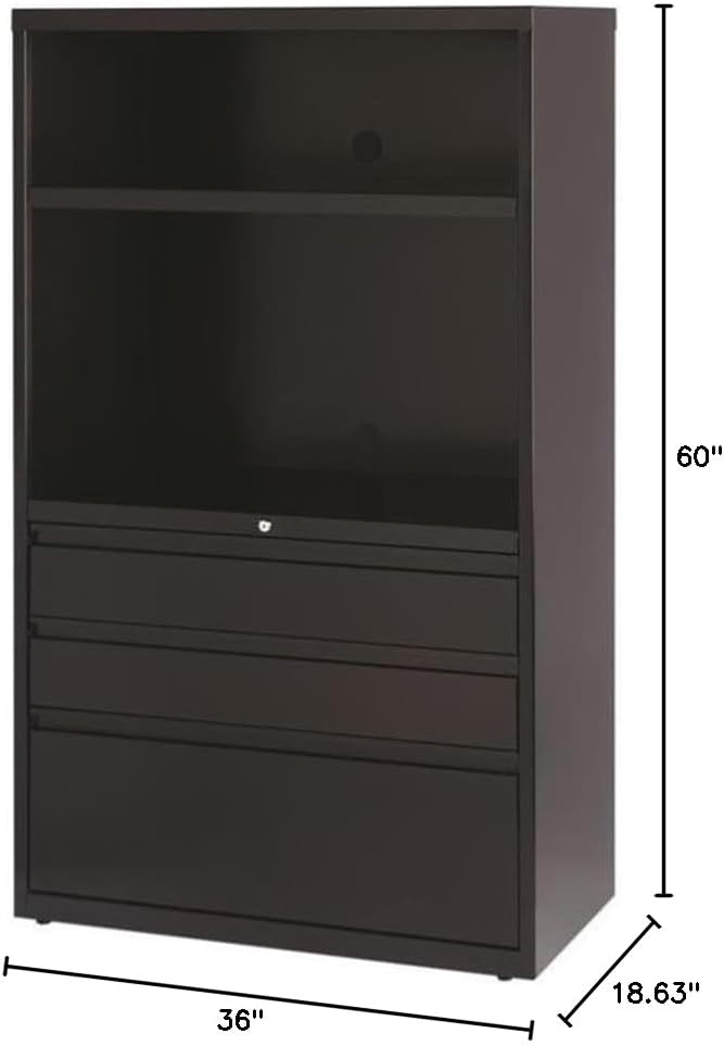 BOWERY HILL Metal Combo File Cabinet, 36 in Wide, Black Finish, 3 Drawers with Bookshelf Area, Adjustable Shelves, Interlock System, Heavy-Duty Steel Construction, 60 in Tall for Modern Office Use