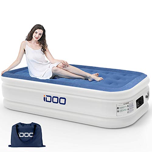 iDOO Air Mattress Twin Air Bed with Built-in Pump Inflatable Blow Up Air Mattress for Guest Family Camping Premium Soft Flocked Top with Storage Bag and Repair Patches Size 74 x 39 x 18 inch Blue