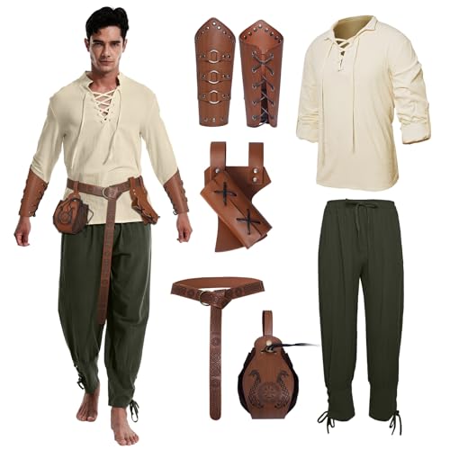 PORJDN Mittelalter Kleidung Herren Set wikinger kostüm mit Herren Mittelalterliches Piraten Mittelalter Hose mit Männer Armschützer Ritter Gürtel Retro-Piraten-Goldmünzenbeutel (Weiß Grün M)