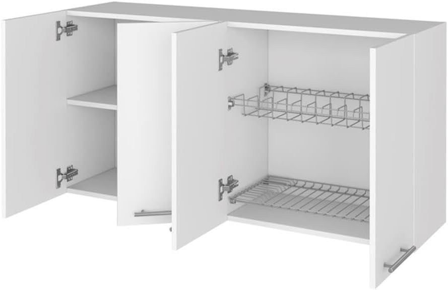 Pemberly Row Modern Wall Cabinet, Engineered Wood, White Finish, Four Doors, 47.2 x 23.6 x 13.1 in, Wall Mounted, Interior Shelves, Metal Dish Rack, Storage for Kitchen, Garage, or Mudroom Use