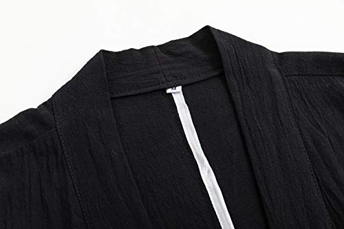 Image of Mens Japanese Kimono Cardigan Cotton Linen Haori Fashion 3 /4 Sleeve Yukata | Shawl Collar Kimono Jacket Robe Embroidery Patchwork Happi Coat Tie Pockets Lightweight Outerwear Daily Casual All Seasons