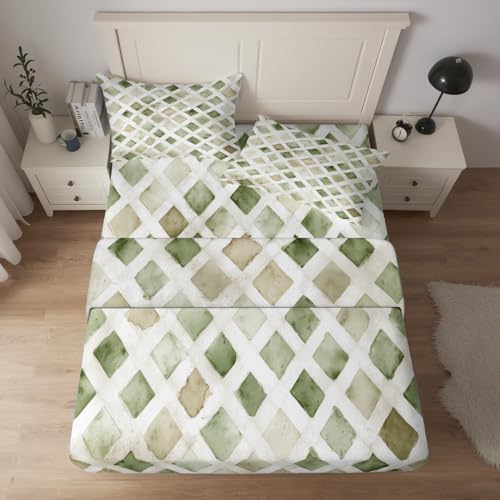 White Green Geometric Sheet Set King Size 4 Piece, Vintage