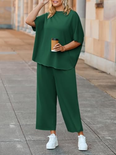 Image of Beautife Women's Plus Size 2 Piece Outfits 3 /4 Batwing Sleeve Capelet Crew Neck Pullover Top Wide Leg Pants Lounge Set