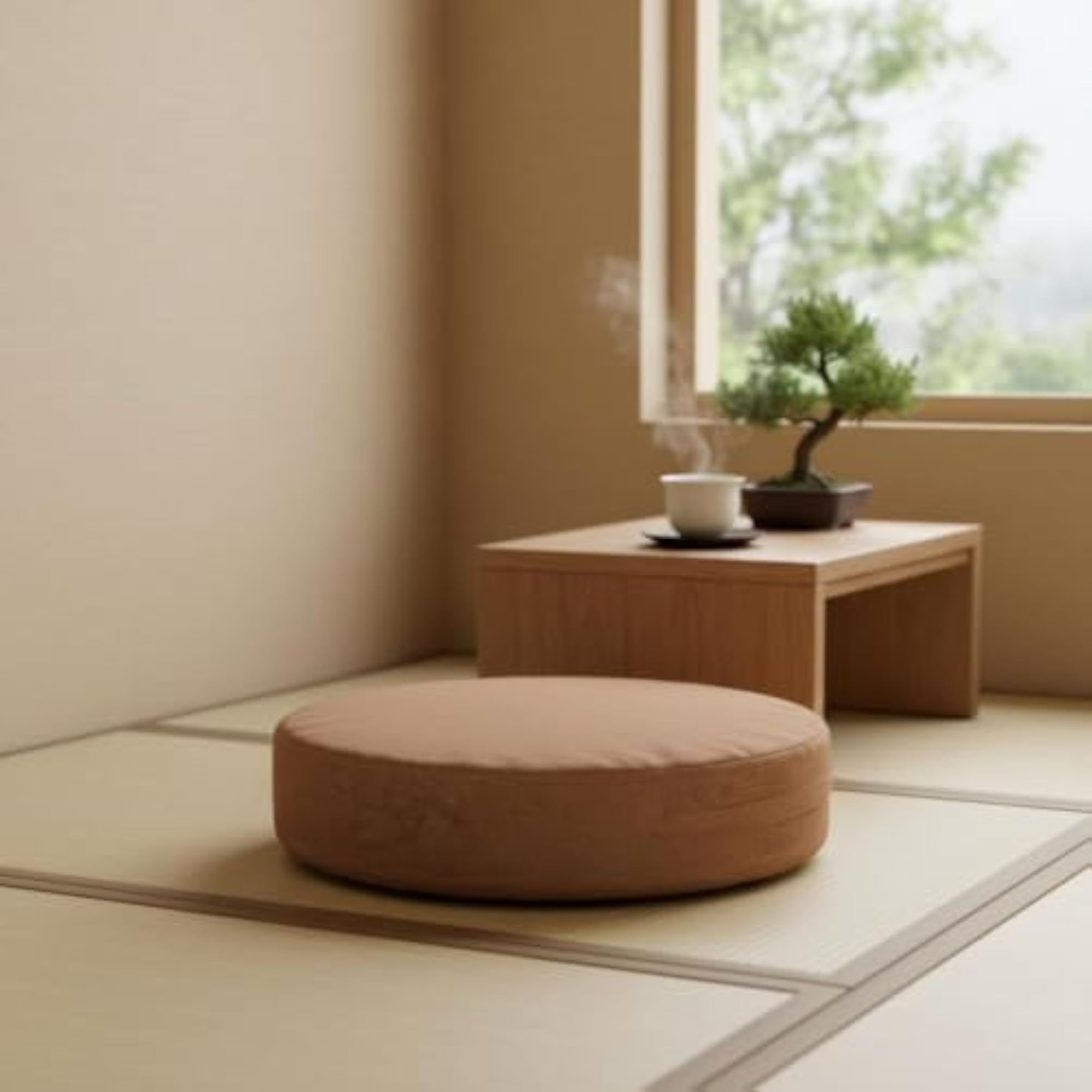 Japanese Tatami Round Meditation Cushion, Removable Cover